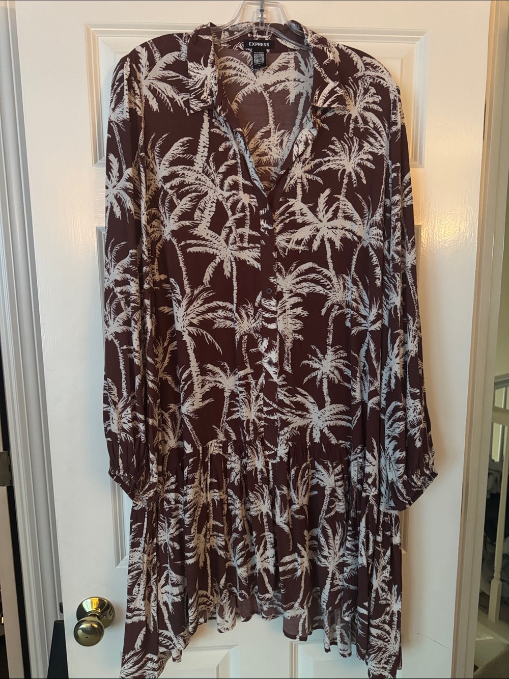 Express Brown and Cream Palm-Print Button Front Tunic Dress